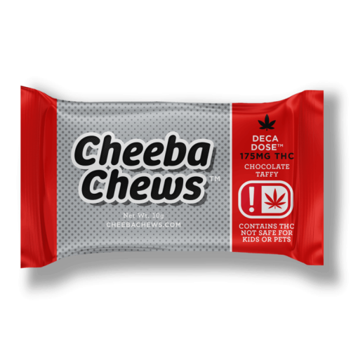 Cheeba Chews op een zwarte achtergrond, geadverteerd door een goedkope apotheek bij mij in de buurt.