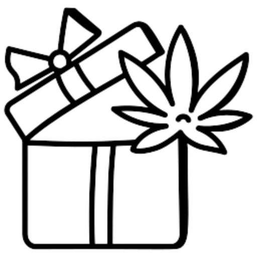 A black and white icon of a gift with a marijuana leaf available at a cheap dispensary near me.