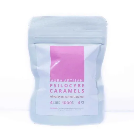 A bag of Aura Artisan Psilocybin Caramels – 4000mg from Nectar dispensaries on a white background.