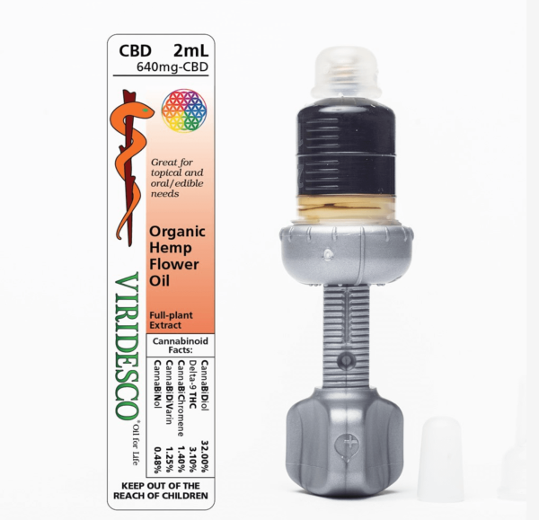A bottle of CBD Organic Hemp flower Oil next to a screw available at nectar dispensaries near me.