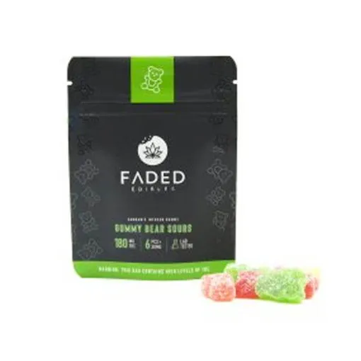 A bag of Faded Cannabis Edibles gummies on a white background.