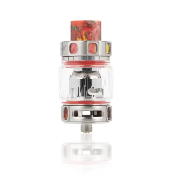 A silver and red Freemax Maxus Pro Sub-Ohm Tank on a white background available at a top notch dispensary.