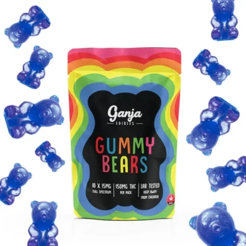 Un sachet de Ganja Bears Gummies - 10 x 15mg THC (150mg Lab Tested) provenant d'un dispensaire de premier ordre.