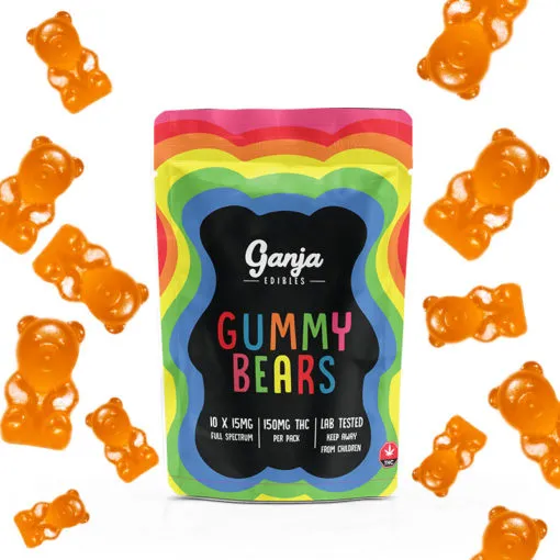 高品质 Ganja Bears 软糖 - 10 x 15mg THC（150mg 实验室测试），白底，在一流药房有售。