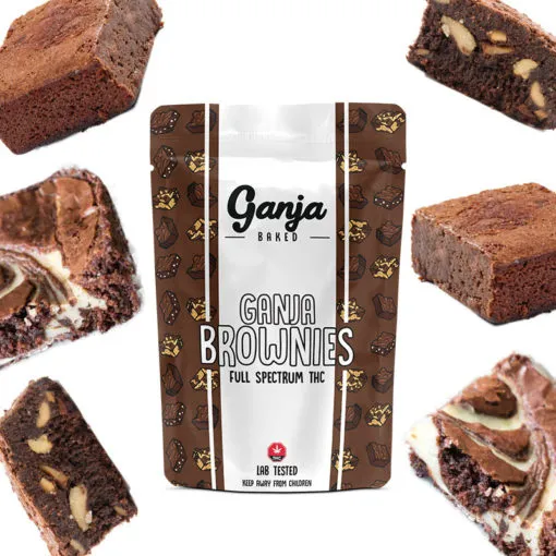 Ganja-infused white chocolate brownies with weed granola in a convenient bag.