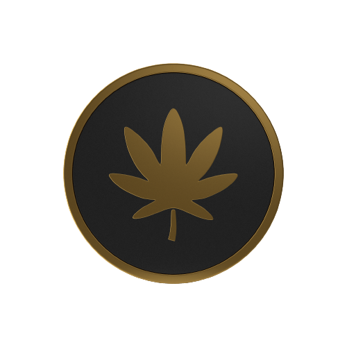 Et marihuanablad i gull og svart på svart bakgrunn.