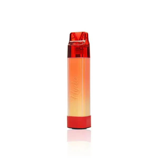 A red and orange Hyde EDGE Rave Disposable Vape with a lid on a white background, available at nectar dispensaries.