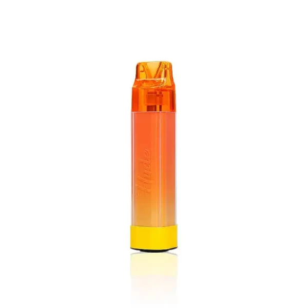 Una botella de Hyde EDGE Rave Disposable Vape con una tapa naranja y amarilla disponible en un dispensario barato cerca de mí.