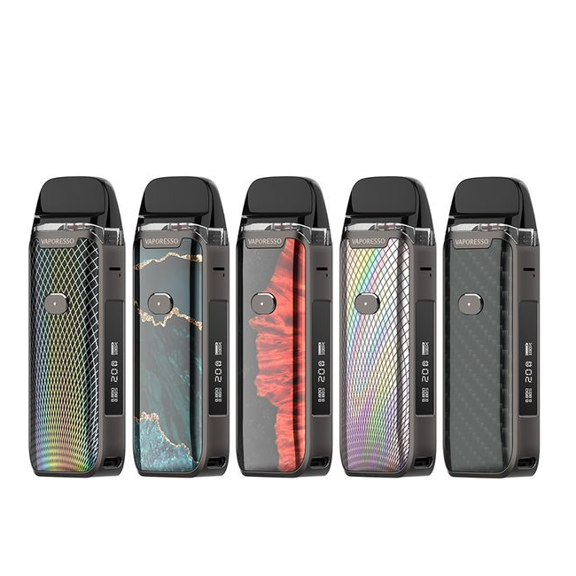 An assortment of VAPORESSO LUXE PM40 STARTER KITS in various colors and designs.