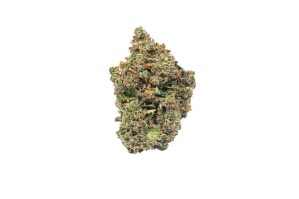 A green Pink Panther Strain flower on a white background available at a top notch dispensary.