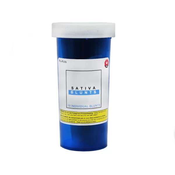 一家顶级药房在白色背景上提供一瓶蓝色的 Pre Rolls -10 Premium Blunts。