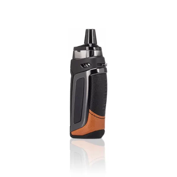 Eine schwarze und orangefarbene E-Zigarette auf weißem Hintergrund, perfekt für eine erstklassige, günstige Apotheke in Ihrer Nähe.