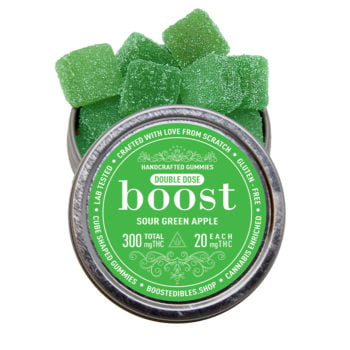 Boost 150mg THC gummies in a tin available at Nectar dispensaries.