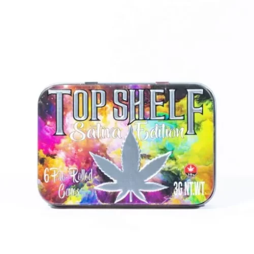 Een Top Shelf Pre-Roll Variety Pack Tin van een top dispensarium.