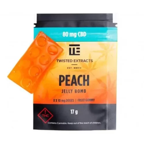 Twisted Extracts CBD Peach Jelly Bombs disponible en los mejores dispensarios.