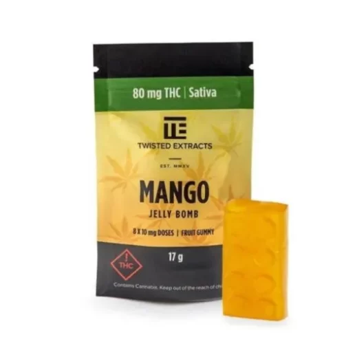 A package of Twisted Extracts Mango Jelly Bomb (Sativa) from a cheap dispensary near me.