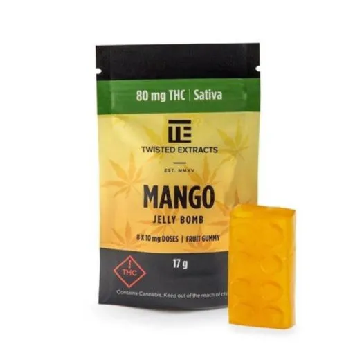 Un paquet de Twisted Extracts Mango Jelly Bomb (Sativa) provenant d'un dispensaire bon marché près de chez moi.