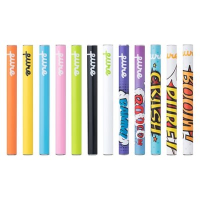 Una variedad de Pure Vape Pen Desechables con diseños únicos disponibles en dispensarios de primera categoría listados en Weedmaps.