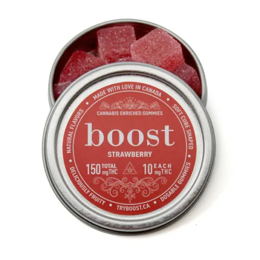 Boost Gummies 150mg THC alla fragola disponibili presso un dispensario di prim'ordine.